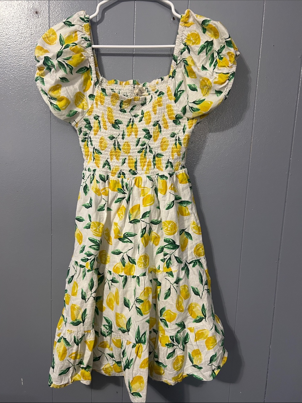 Smocked Puff-Sleeve Mini Dress in White Lemon Print